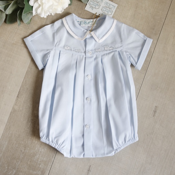 Blue Heirloom Train Romper Creeper Feltman Brothers White Trim NWT